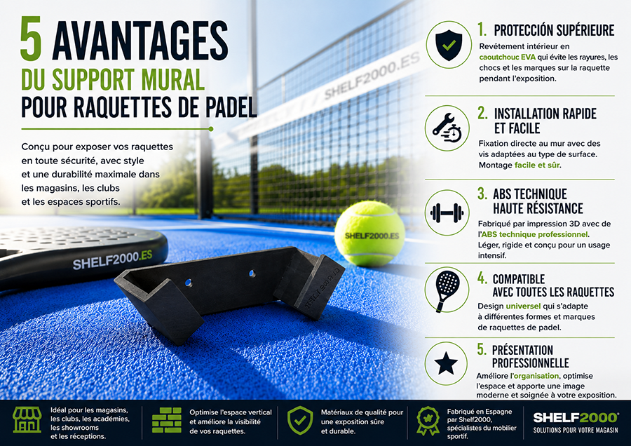 Infographie pr&eacute;sentant les 5 avantages du support mural en ABS pour raquettes de padel Shelf2000 avec protection EVA, installation facile, mat&eacute;riau haute r&eacute;sistance, compatibilit&eacute; universelle et pr&eacute;sentation professionnelle pour magasins et clubs de padel.